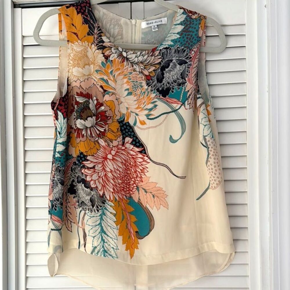 Rose & Olive Cream and Blue Asymmetrical Graphic Blouse